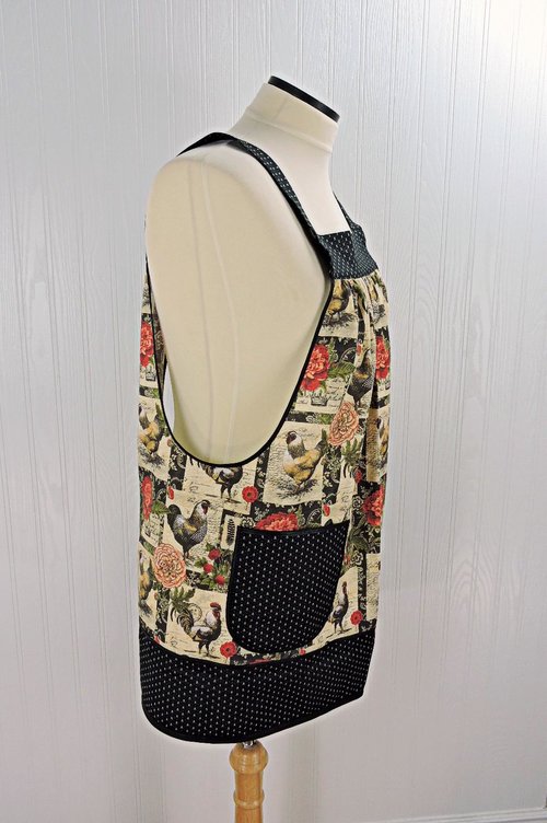 French Country Roosters Pinafore with no ties, relaxed fit smock with pockets, straps go straight over the shoulders, made to order XS - 5X