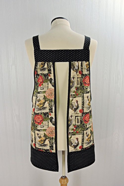 French Country Roosters Pinafore with no ties, relaxed fit smock with pockets, straps go straight over the shoulders, made to order XS - 5X