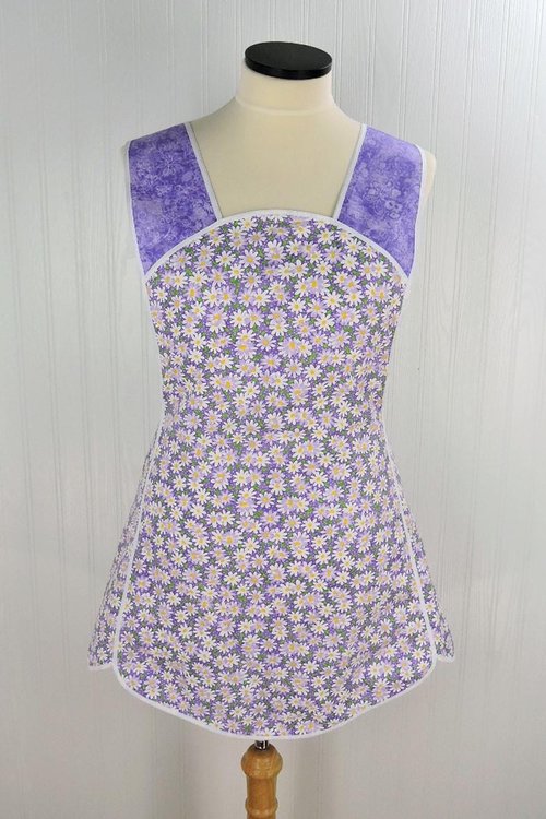 Retro 50s Smock (Daisies on Purple Pin-dots) hostess apron, H-back style doesn't touch the neck, handmade after order XS to 5X Plus Size
