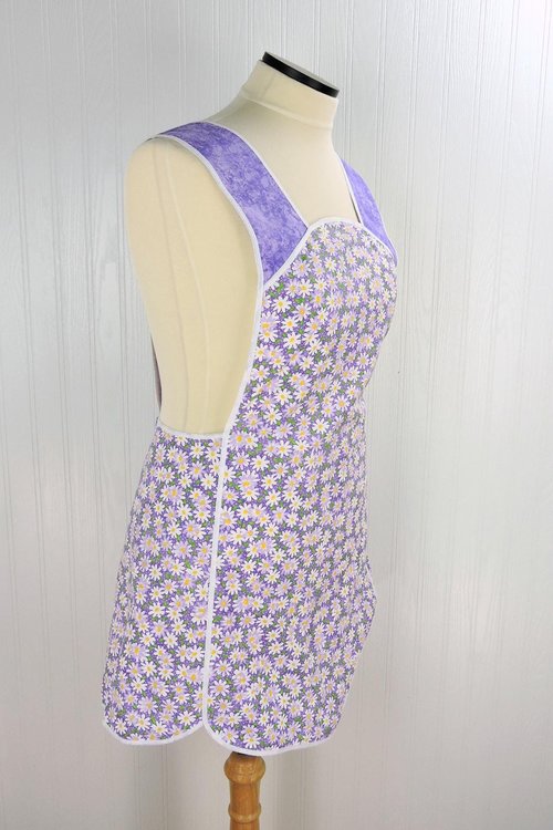 Retro 50s Smock (Daisies on Purple Pin-dots) hostess apron, H-back style doesn't touch the neck, handmade after order XS to 5X Plus Size