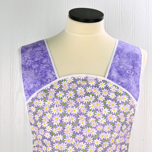 Retro 50s Smock (Daisies on Purple Pin-dots) hostess apron, H-back style doesn't touch the neck, handmade after order XS to 5X Plus Size