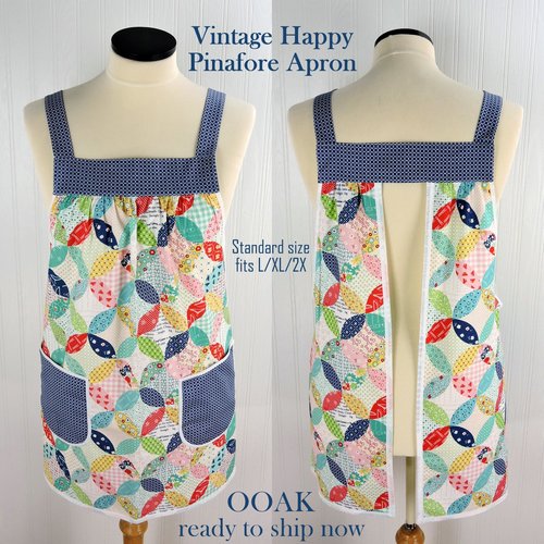 Vintage Happy Pinafore with no ties (straps go straight over shoulders) relaxed fit smock with pockets, fits L/XL/2X, Ready to Ship
