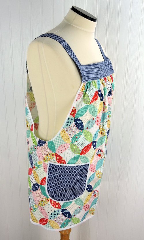 Vintage Happy Pinafore with no ties (straps go straight over shoulders) relaxed fit smock with pockets, fits L/XL/2X, Ready to Ship