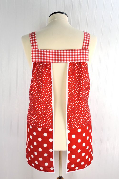 Red & White Scrapbuster Pinafore, relaxed fit smock with pockets, comfortable (doesn't touch neck), ready to ship, fits L/XL/2X