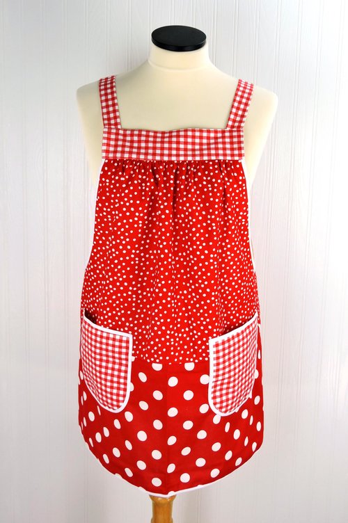 Red & White Scrapbuster Pinafore, relaxed fit smock with pockets, comfortable (doesn't touch neck), ready to ship, fits L/XL/2X