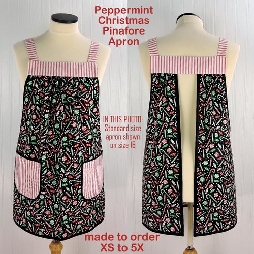 Peppermint Christmas Pinafore with no tie (straps go straight over shoulders) relaxed fit smock with pockets, made to order XS- 5X plus size