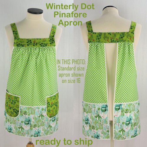 Winterly Dot Pinafore Apron with no ties (straps go straight over the shoulders) relaxed fit smock with pockets, fits L/XL/2X ready to ship