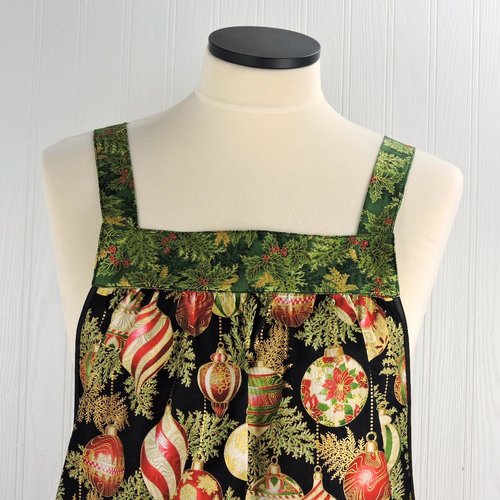 XS- 5X Holiday Flourish Ornaments Pinafore with no ties (straps go straight over the shoulders) relaxed fit smock with pockets made to order