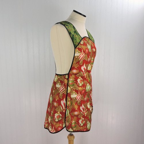 XS-4X Retro 50s Christmas Smock, Holiday Flourish Ornaments in Red, relaxed fit H-back apron, made to order with pocket options