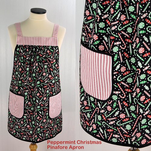 Peppermint Christmas Pinafore with no tie (straps go straight over shoulders) relaxed fit smock with pockets, made to order XS- 5X plus size