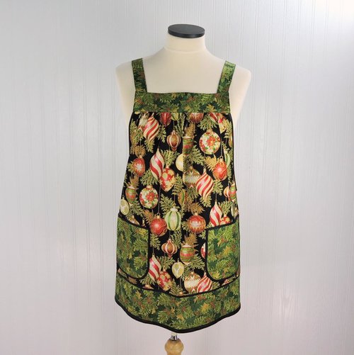 XS- 5X Holiday Flourish Ornaments Pinafore with no ties (straps go straight over the shoulders) relaxed fit smock with pockets made to order