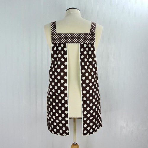 Brown & Cream Dot SCRAPBUSTER Pinafore with no ties (straps go straight over the shoulders) relaxed fit smock with pockets, ready to ship