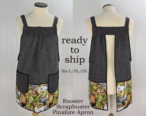 Roosters SCRAPBUSTER Pinafore Apron with no ties, relaxed fit smock with pockets, farmhouse kitchen apron, ready to ship, fits L/XL/2X