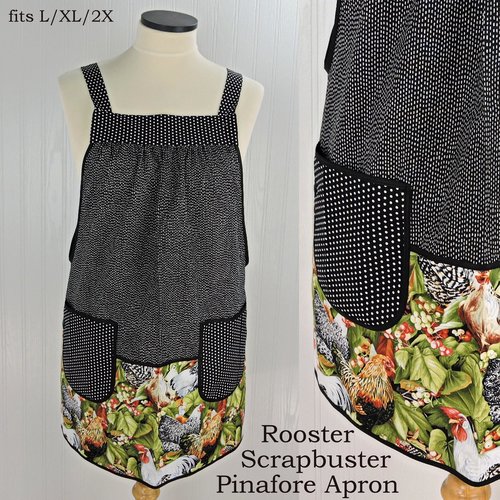 Roosters SCRAPBUSTER Pinafore Apron with no ties, relaxed fit smock with pockets, farmhouse kitchen apron, ready to ship, fits L/XL/2X