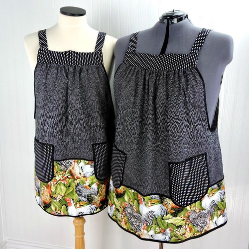Larger Rooster SCRAPBUSTER Pinafore Apron with no ties, relaxed fit smock with pockets, farmhouse kitchen apron, ready to ship fits 3X/4X/5X