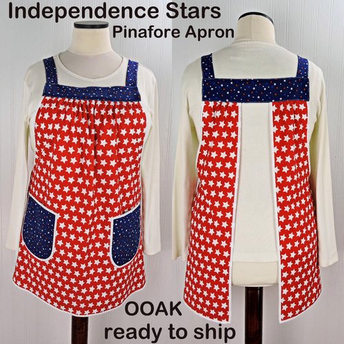 Independence Stars Pinafore with no ties (straps go straight over the shoulders) relaxed fit smock with pockets fits L/XL/2X, ready to ship