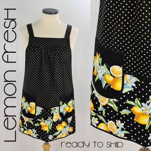 Lemon Fresh Scrapbuster Pinafore Apron with no ties (straps go straight over the shoulders) relaxed fit smock fits L/XL/2X, ready to ship