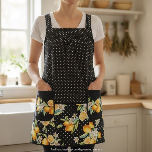 Lemon Fresh Scrapbuster Pinafore Apron with no ties (straps go straight over the shoulders) relaxed fit smock fits L/XL/2X, ready to ship
