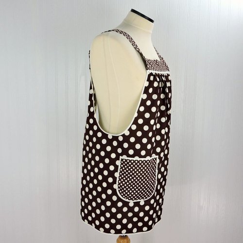 Brown & Cream Dot SCRAPBUSTER Pinafore with no ties (straps go straight over the shoulders) relaxed fit smock with pockets, ready to ship