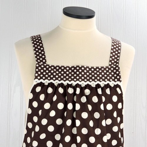Brown & Cream Dot SCRAPBUSTER Pinafore with no ties (straps go straight over the shoulders) relaxed fit smock with pockets, ready to ship