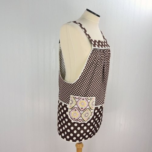 Brown & Cream SCRAPBUSTER Pinafore with no ties (straps go straight over the shoulders) relaxed fit smock with pockets, ready to ship