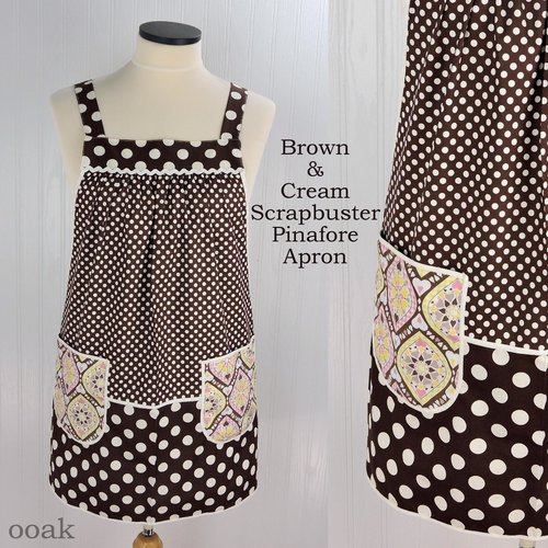 Brown & Cream SCRAPBUSTER Pinafore with no ties (straps go straight over the shoulders) relaxed fit smock with pockets, ready to ship