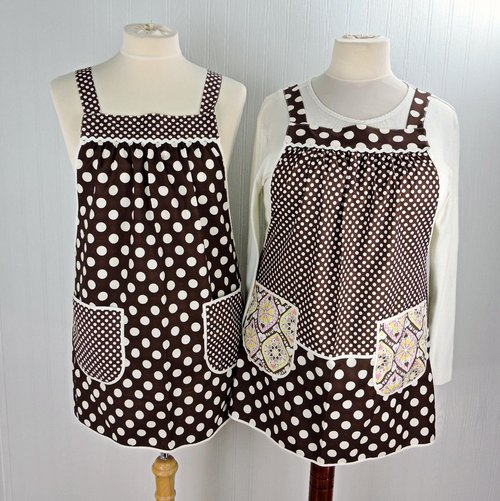 Brown & Cream Dot SCRAPBUSTER Pinafore with no ties (straps go straight over the shoulders) relaxed fit smock with pockets, ready to ship