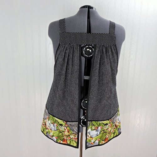 Larger Rooster SCRAPBUSTER Pinafore Apron with no ties, relaxed fit smock with pockets, farmhouse kitchen apron, ready to ship fits 3X/4X/5X