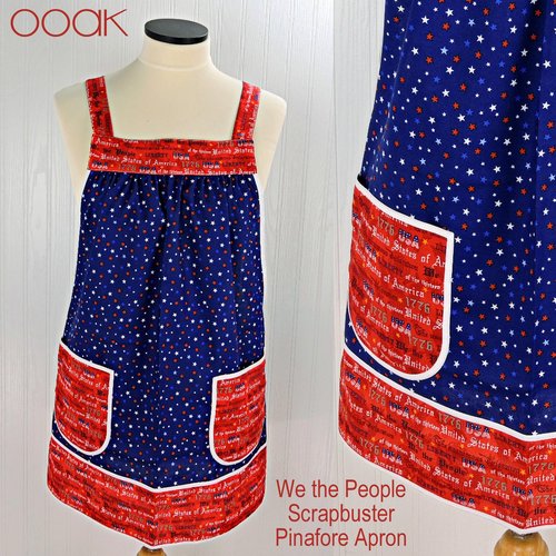 We the People Scrapbuster Pinafore with no ties (straps go straight over the shoulders) 4th of July smock apron, ready to ship, fits L/XL/2X