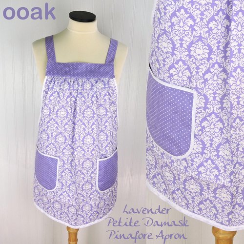 Lavender Petite Damask Pinafore with no ties (straps go straight over the shoulders) relaxed fit smock with pockets, fits L/XL/2X SHIPS FAST