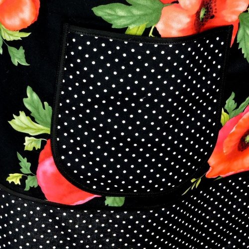 Black Poppy Panache Polka Dot Pinafore, relaxed fit smock with pockets, pretty floral kitchen apron, ready to ship fits L/XL/2X