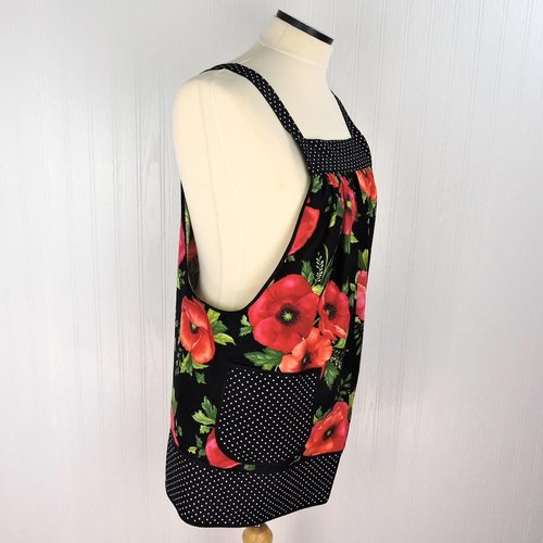 Black Poppy Panache Polka Dot Pinafore, relaxed fit smock with pockets, pretty floral kitchen apron, ready to ship fits L/XL/2X
