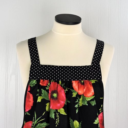 Black Poppy Panache Polka Dot Pinafore, relaxed fit smock with pockets, pretty floral kitchen apron, ready to ship fits L/XL/2X