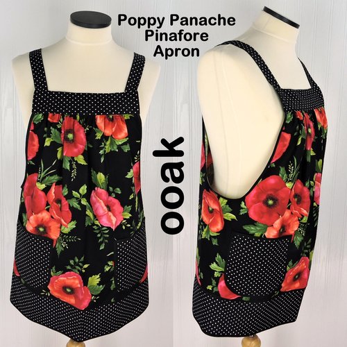 Black Poppy Panache Polka Dot Pinafore, relaxed fit smock with pockets, pretty floral kitchen apron, ready to ship fits L/XL/2X