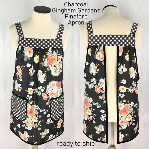 Charcoal Gingham Gardens Pinafore with no ties (straps go straight over the shoulders) relaxed fit smock with pockets, ready to ship L/XL/2X