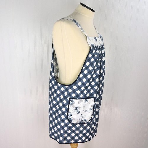Tranquility Rose Trellis Pinafore with no ties (straps go straight over the shoulders) blue & white smock with pockets ready to ship L/XL/2X