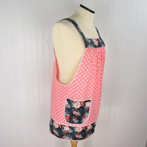 Vintage Polka Dot Charm Pinafore with no ties (straps go straight over the shoulders) relaxed fit smock with pockets L/XL/2X, SHIPS FAST