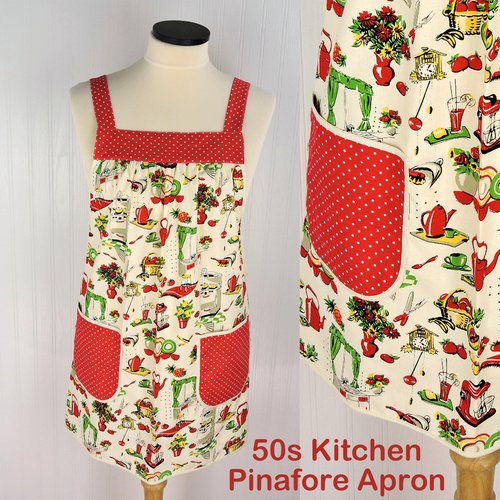 LAST 50s Kitchen Pinafore Apron with no ties (straps go straight over shoulders) relaxed fit smock apron with pockets, ready to ship L/XL/2X
