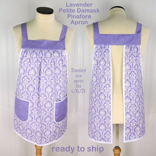 Lavender Petite Damask Pinafore with no ties (straps go straight over the shoulders) relaxed fit smock with pockets, fits L/XL/2X SHIPS FAST