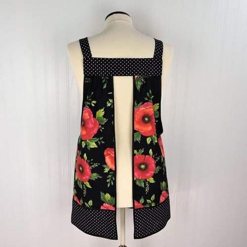 Black Poppy Panache Polka Dot Pinafore, relaxed fit smock with pockets, pretty floral kitchen apron, ready to ship fits L/XL/2X