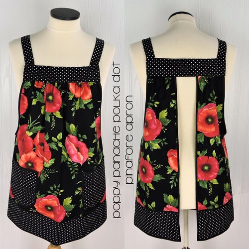 Black Poppy Panache Polka Dot Pinafore, relaxed fit smock with pockets, pretty floral kitchen apron, ready to ship fits L/XL/2X