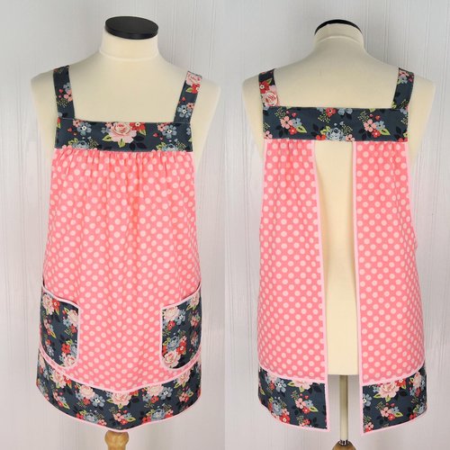 Vintage Polka Dot Charm Pinafore with no ties (straps go straight over the shoulders) relaxed fit smock with pockets L/XL/2X, SHIPS FAST