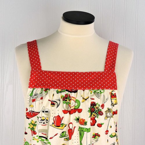 LAST 50s Kitchen Pinafore Apron with no ties (straps go straight over shoulders) relaxed fit smock apron with pockets, ready to ship L/XL/2X