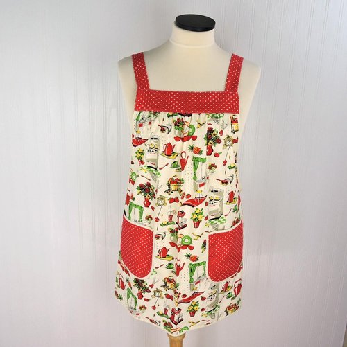 LAST 50s Kitchen Pinafore Apron with no ties (straps go straight over shoulders) relaxed fit smock apron with pockets, ready to ship L/XL/2X