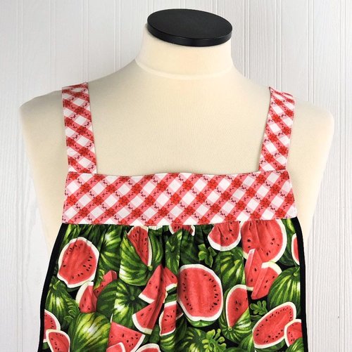 Watermelon Picnic Pinafore with no tie (straps go straight over shoulder) relaxed fit smock with pockets, retro farmhouse apron fits L/XL/2X