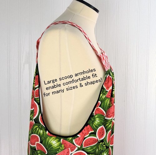 Watermelon Picnic Pinafore with no tie (straps go straight over shoulder) relaxed fit smock with pockets, retro farmhouse apron fits L/XL/2X