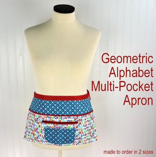 Geometric Alphabet Multi-Pocket Apron with zipper money pocket for teachers, waitresses, daycare, librarians, 2 sizes made-to-order