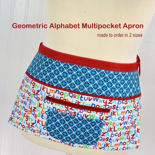 Geometric Alphabet Multi-Pocket Apron with zipper money pocket for teachers, waitresses, daycare, librarians, 2 sizes made-to-order