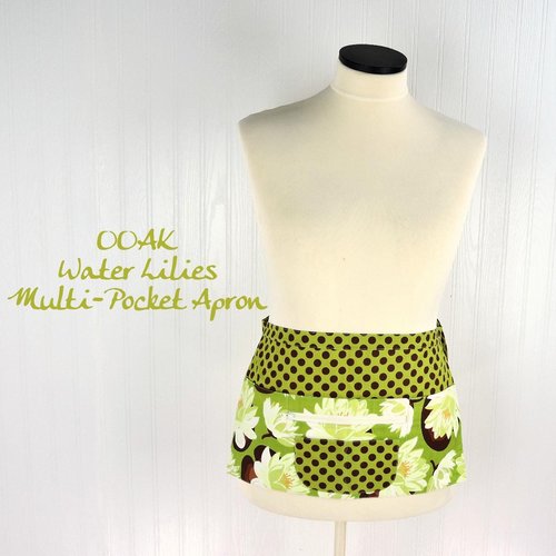 OOAK Water Lilies Multi-Pocket Apron with money pocket for vendors, servers, event planners; SHIPS FAST teacher gift fits waists up to 40"