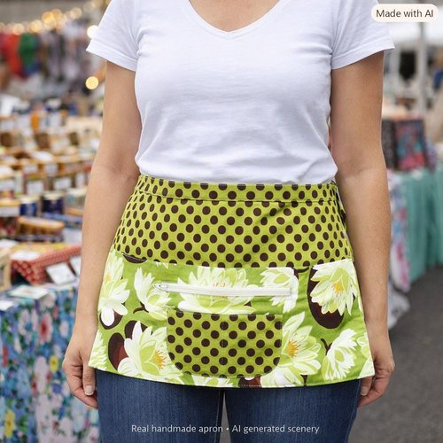 OOAK Water Lilies Multi-Pocket Apron with money pocket for vendors, servers, event planners; SHIPS FAST teacher gift fits waists up to 40"